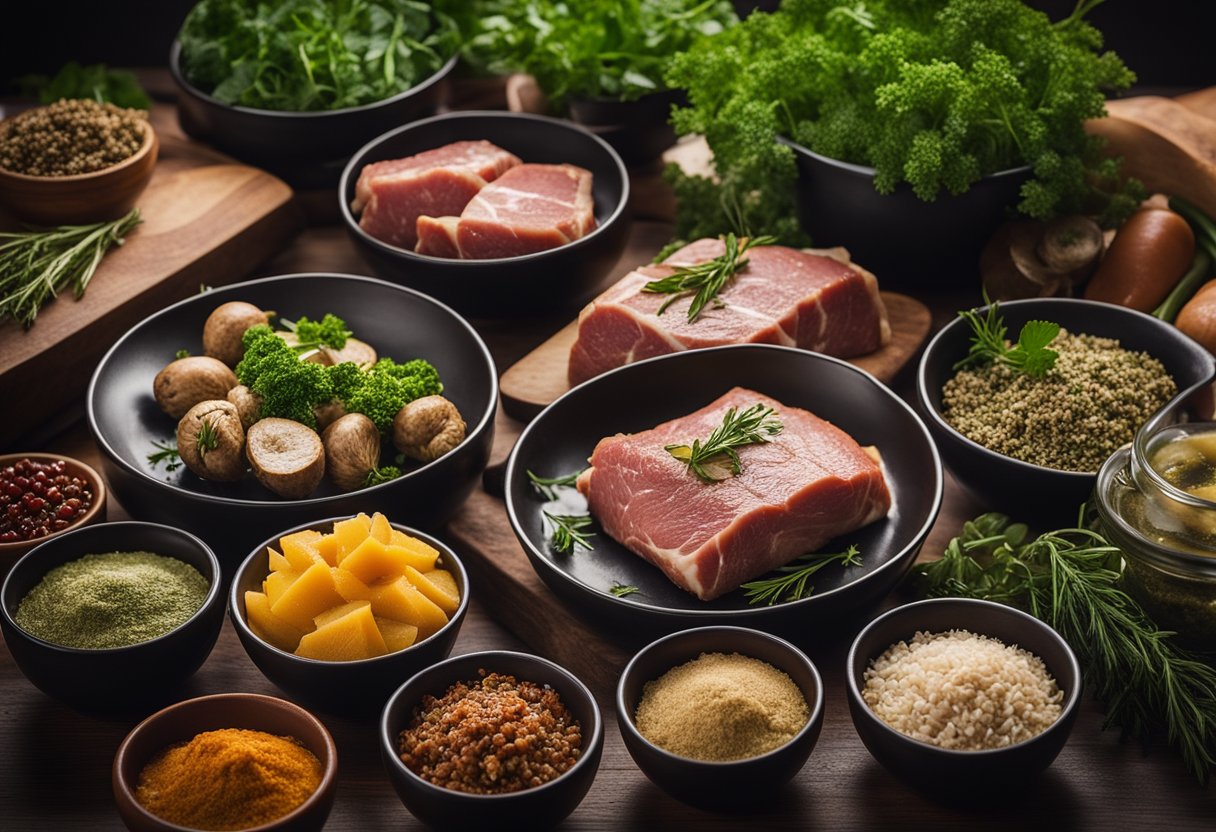 Meat submerged in marinade, surrounded by various herbs and spices in bowls. Recipe book open to "Frequently Asked Questions marinating meat guide" on the kitchen counter