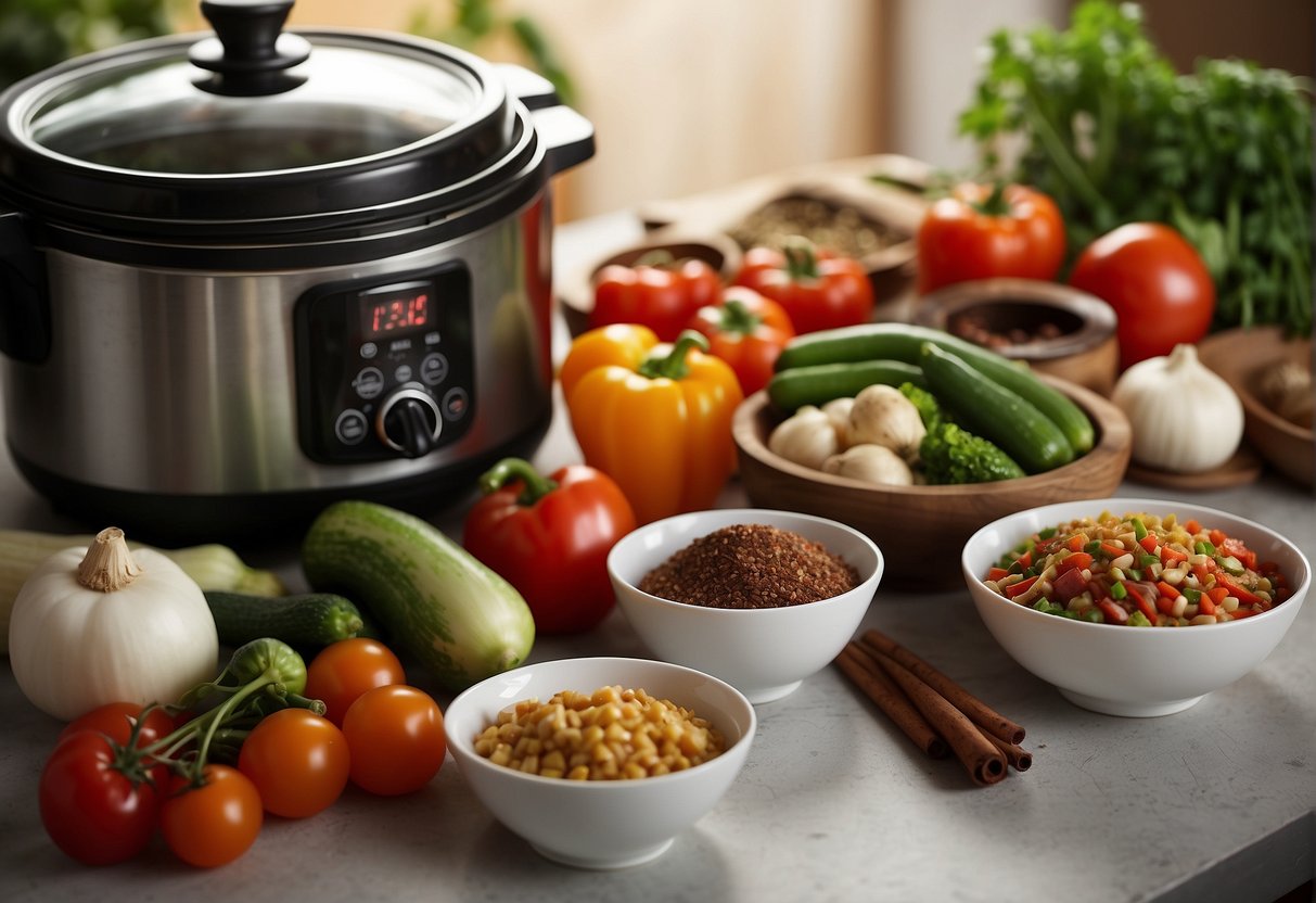 A table with various fresh vegetables, meat, and spices arranged next to a slow cooker. A cookbook titled "Authentic Chinese Slow Cooker Recipes" is open to a page with a recipe