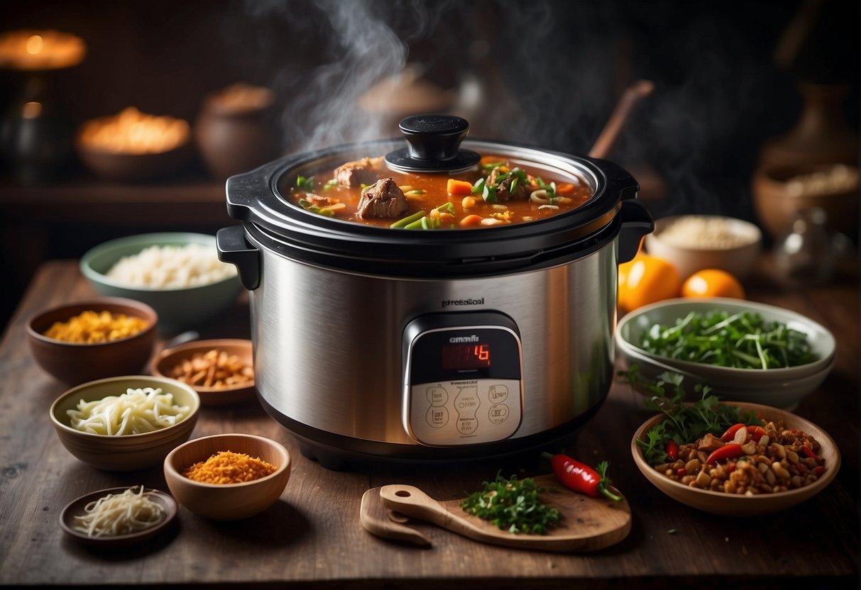 A steaming slow cooker filled with traditional Chinese dishes, surrounded by vibrant spices and fresh ingredients