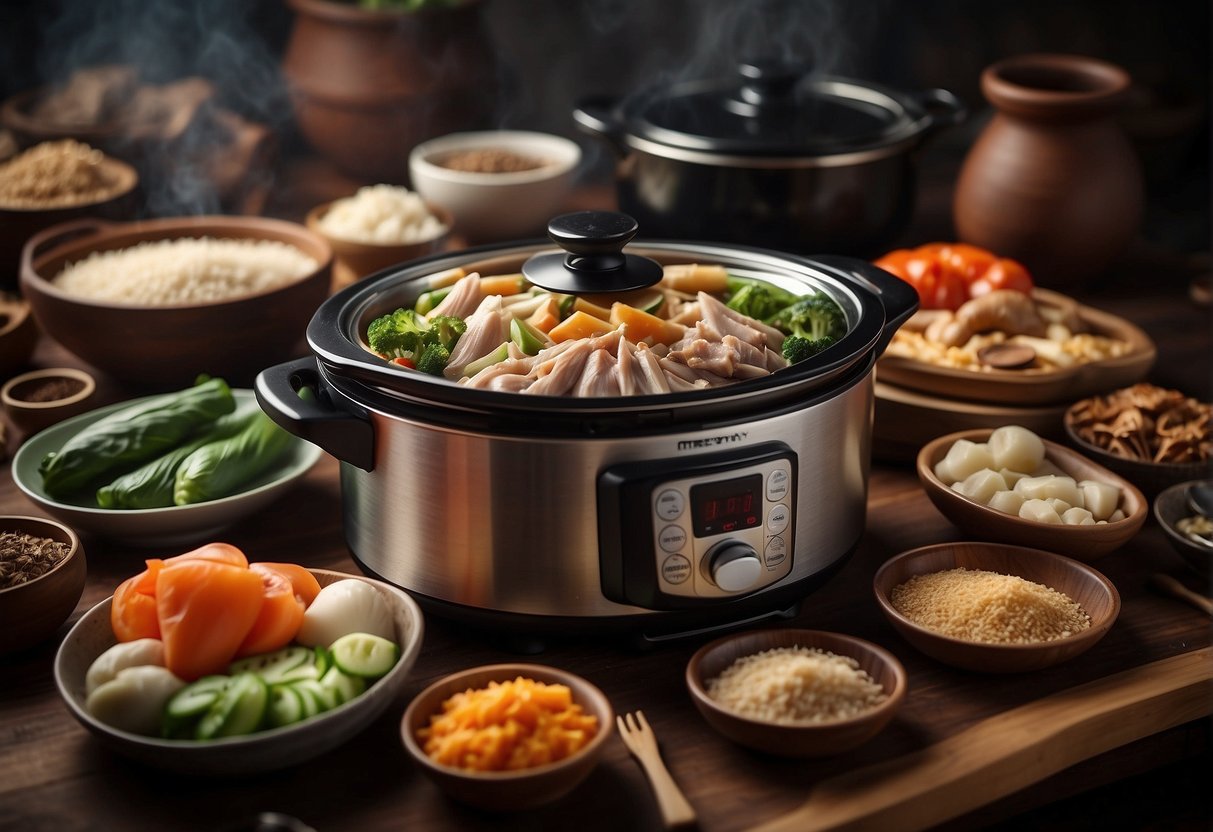 A table filled with traditional Chinese ingredients, surrounded by a slow cooker and various cooking utensils