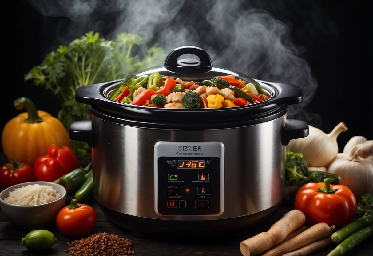 A steaming slow cooker filled with authentic Chinese ingredients, surrounded by vibrant vegetables and aromatic spices