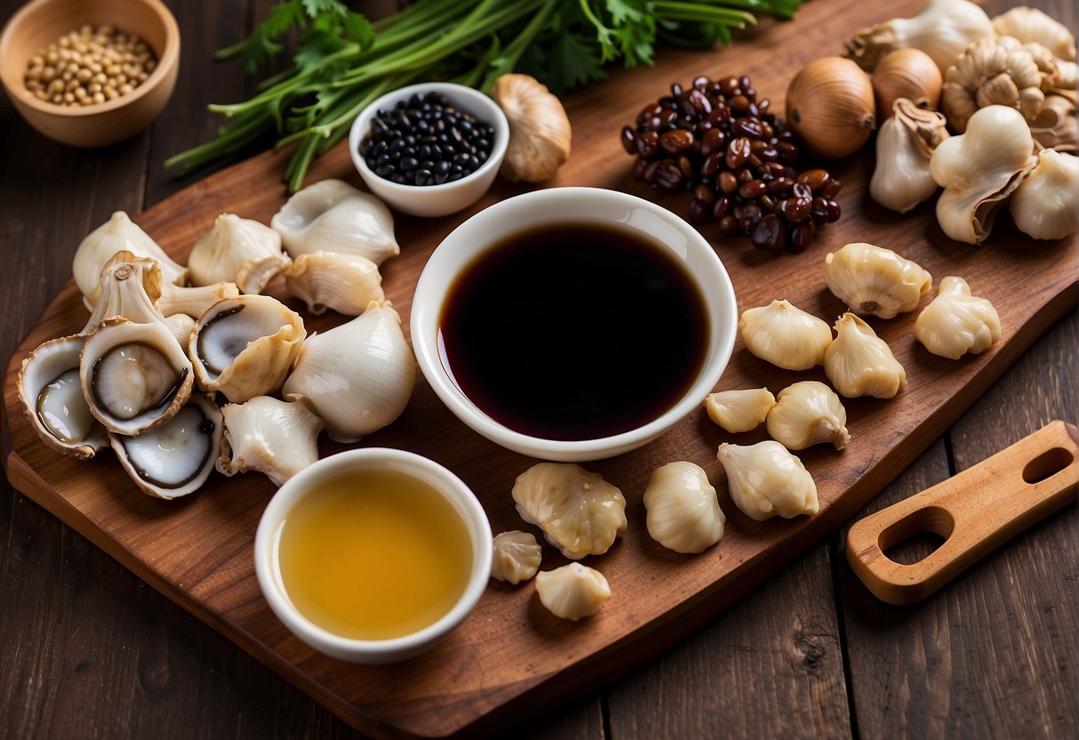 A variety of traditional Chinese ingredients, such as soy sauce, oyster sauce, sesame oil, and garlic, are laid out on a wooden cutting board