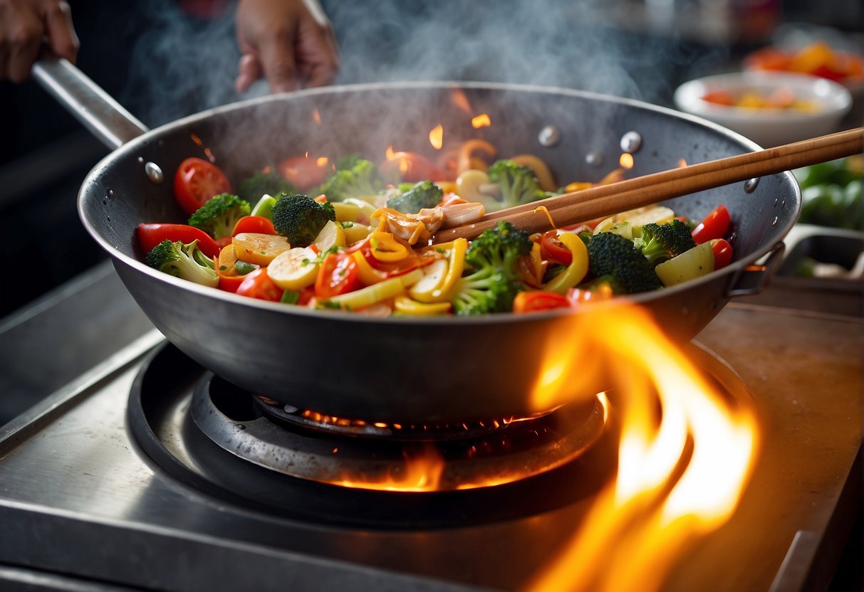 A wok sizzles over a high flame as a chef pours a rich, aromatic sauce over a colorful array of sizzling vegetables and tender strips of meat