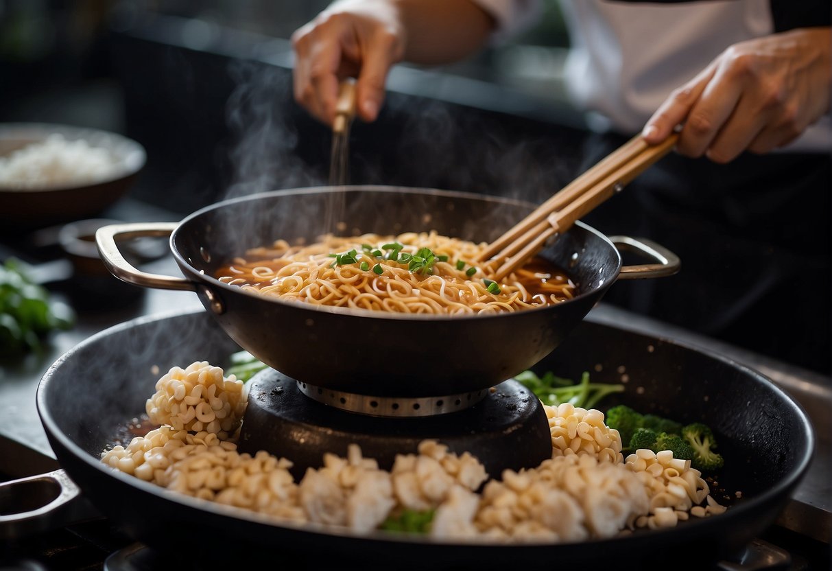 A wok sizzles as a chef pours a mixture of soy sauce, oyster sauce, sesame oil, and sugar. The aroma of garlic and ginger fills the air