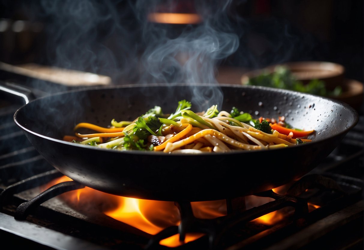 A wok sizzles with vibrant ingredients: soy sauce, ginger, garlic, and sesame oil. Steam rises as the sauce thickens, creating an aromatic and flavorful base for a traditional Chinese stir fry
