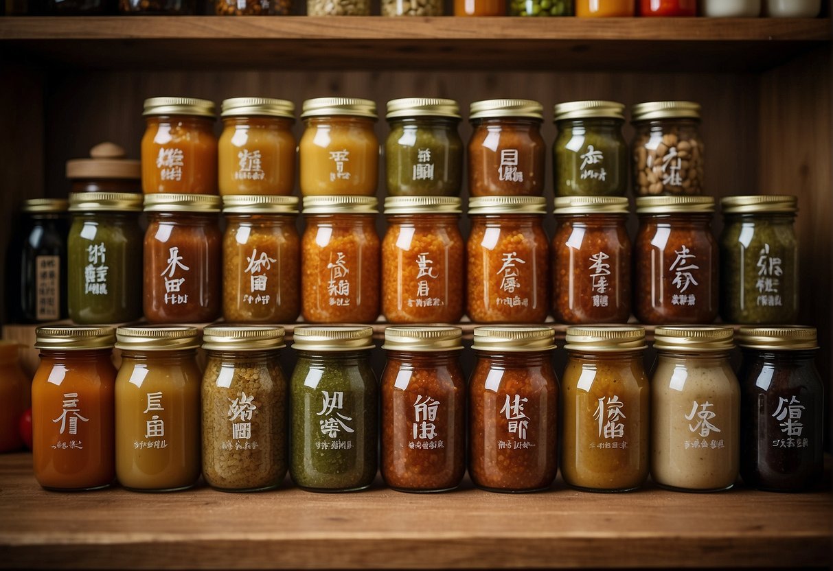 A glass jar filled with homemade stir fry sauce, labeled with Chinese characters, sits on a wooden shelf next to a row of neatly organized spices and condiments