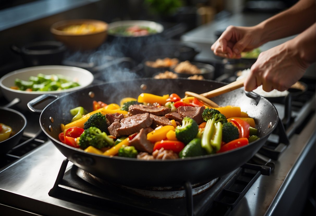 A wok sizzling with a medley of colorful vegetables and slices of marinated meat, as a chef pours a fragrant and savory Chinese stir fry sauce over the ingredients