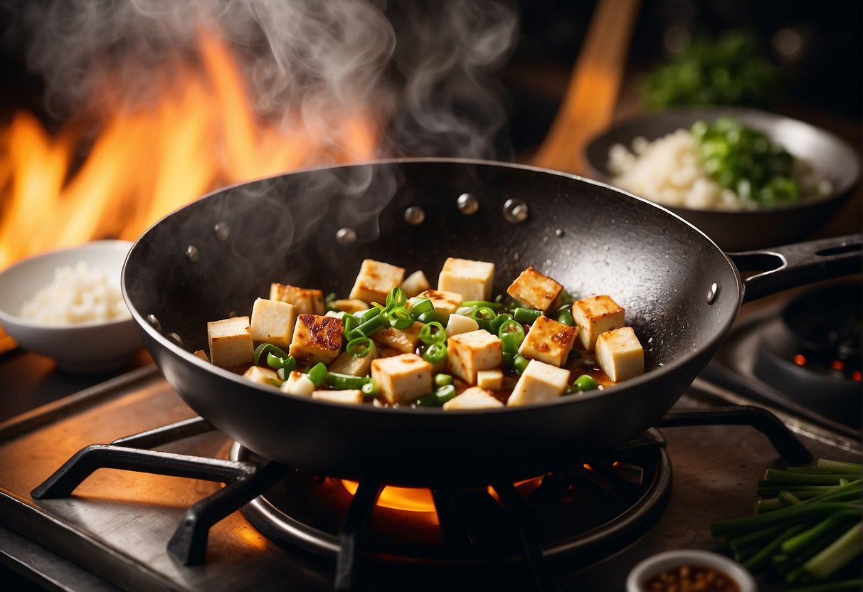 A wok sizzles with diced tofu, garlic, and scallions. Steam rises as a chef adds soy sauce and spices