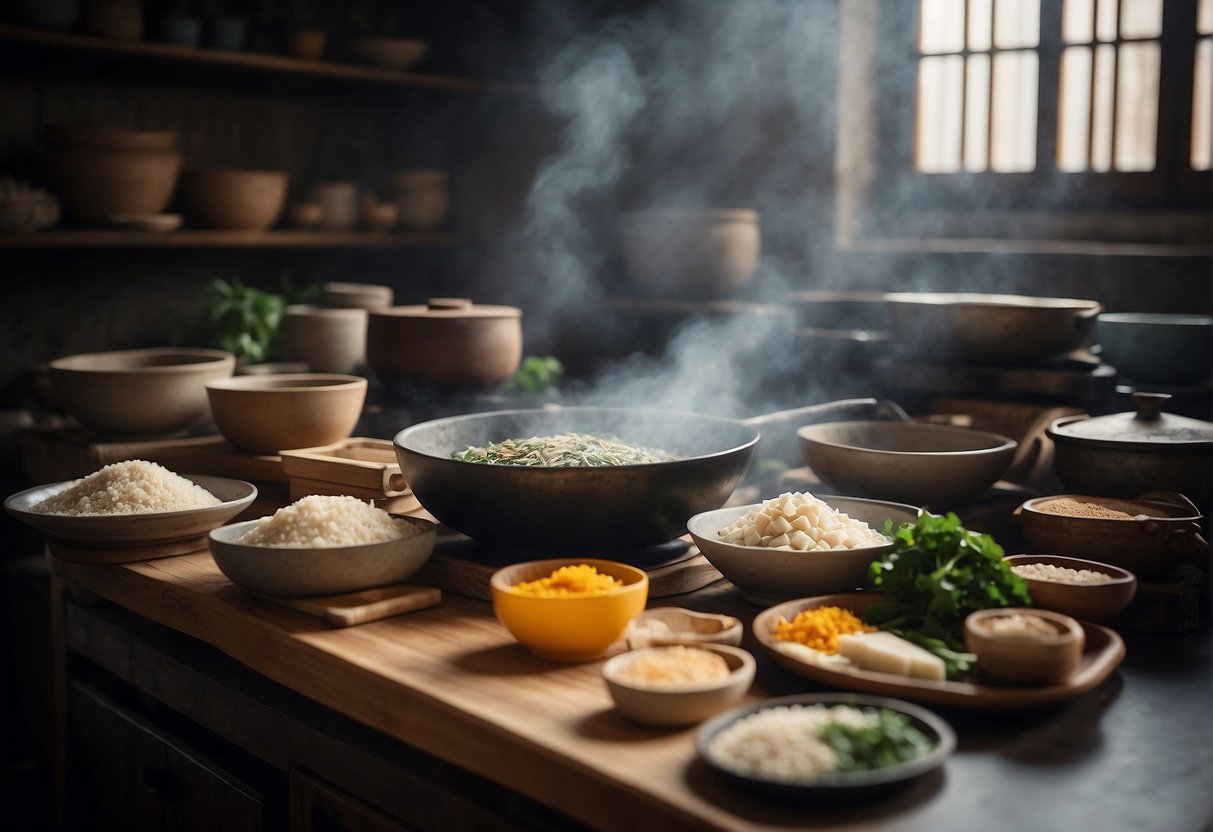 A traditional Chinese kitchen with various ingredients and utensils for making tofu. A serene atmosphere with a hint of historical charm