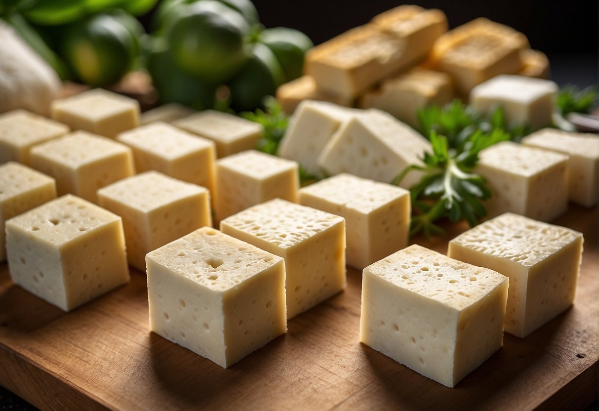 A table displays various tofu types: silken, firm, and extra firm. Some are cubed for stir-frying, while others are sliced for grilling