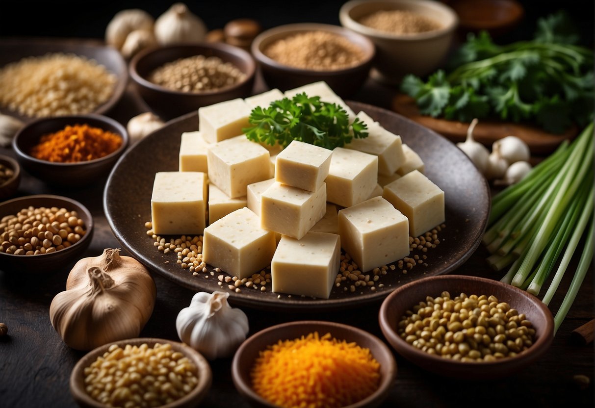 A colorful array of seasonings and flavor enhancers, including soy sauce, ginger, garlic, and green onions, surround a block of authentic Chinese tofu, ready to be transformed into a delicious dish