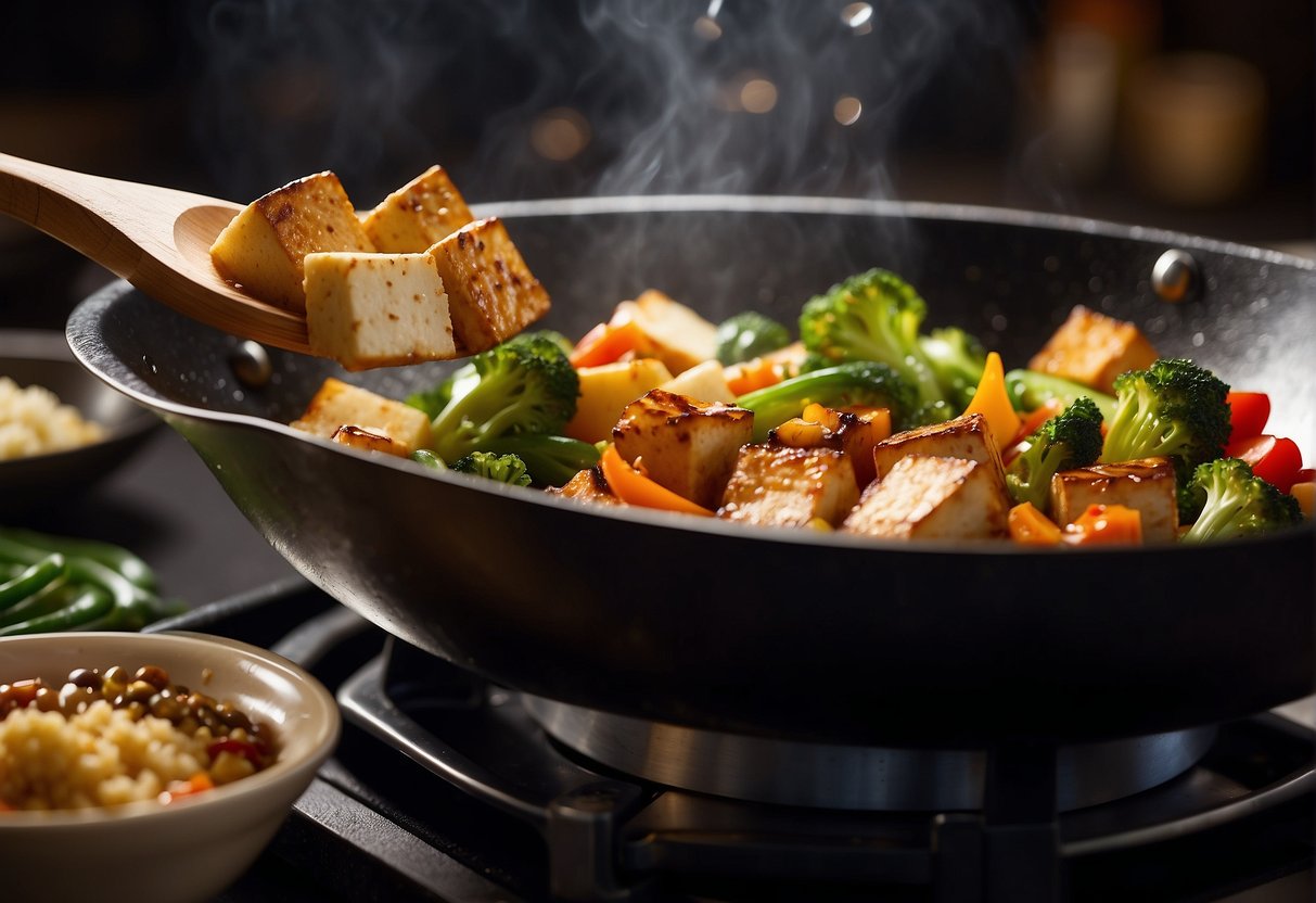 Sizzling tofu stir-frying in a wok with vibrant vegetables and aromatic spices, creating a tantalizing aroma. A chef's hand adds a splash of soy sauce for the finishing touch