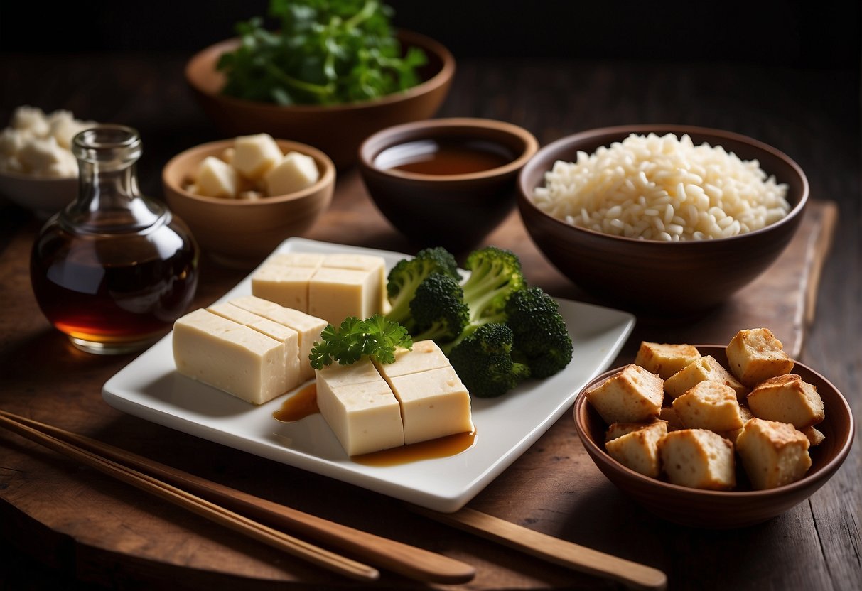 A table filled with various ingredients like tofu, soy sauce, ginger, and garlic. A cookbook open to a page titled "Frequently Asked Questions authentic Chinese tofu recipes."