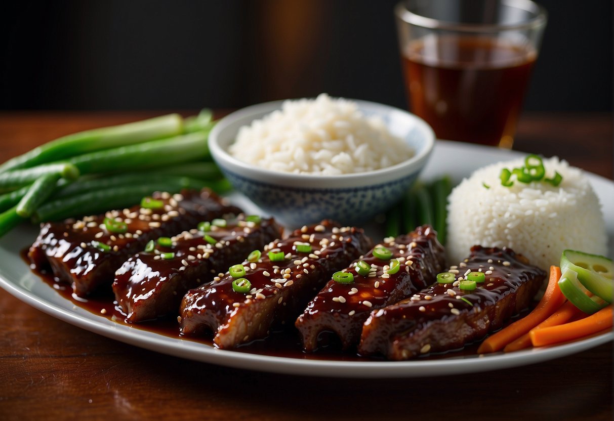 A plate of baby back ribs glazed in a rich, sticky Chinese sauce, garnished with sesame seeds and sliced green onions, accompanied by a side of steamed white rice and colorful stir-fried vegetables