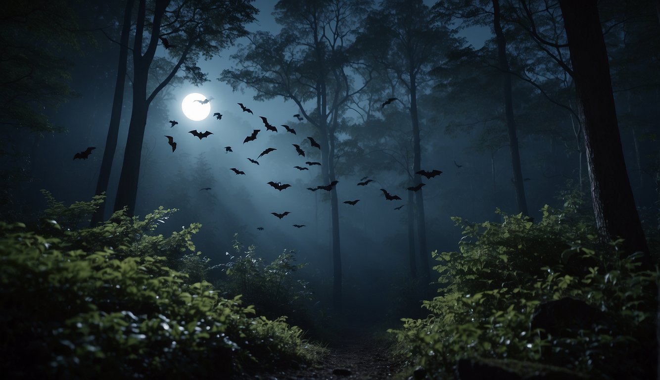 In the moonlit forest, bats soar through the air, emitting high-pitched calls and using echolocation to navigate through the darkness