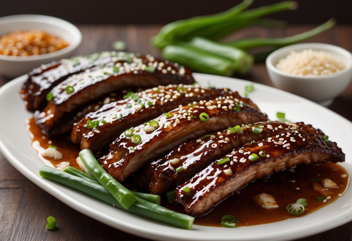 Baby back ribs marinated in Chinese spices, soy sauce, and honey. Glazed with a sticky, sweet sauce. Garnished with sesame seeds and green onions