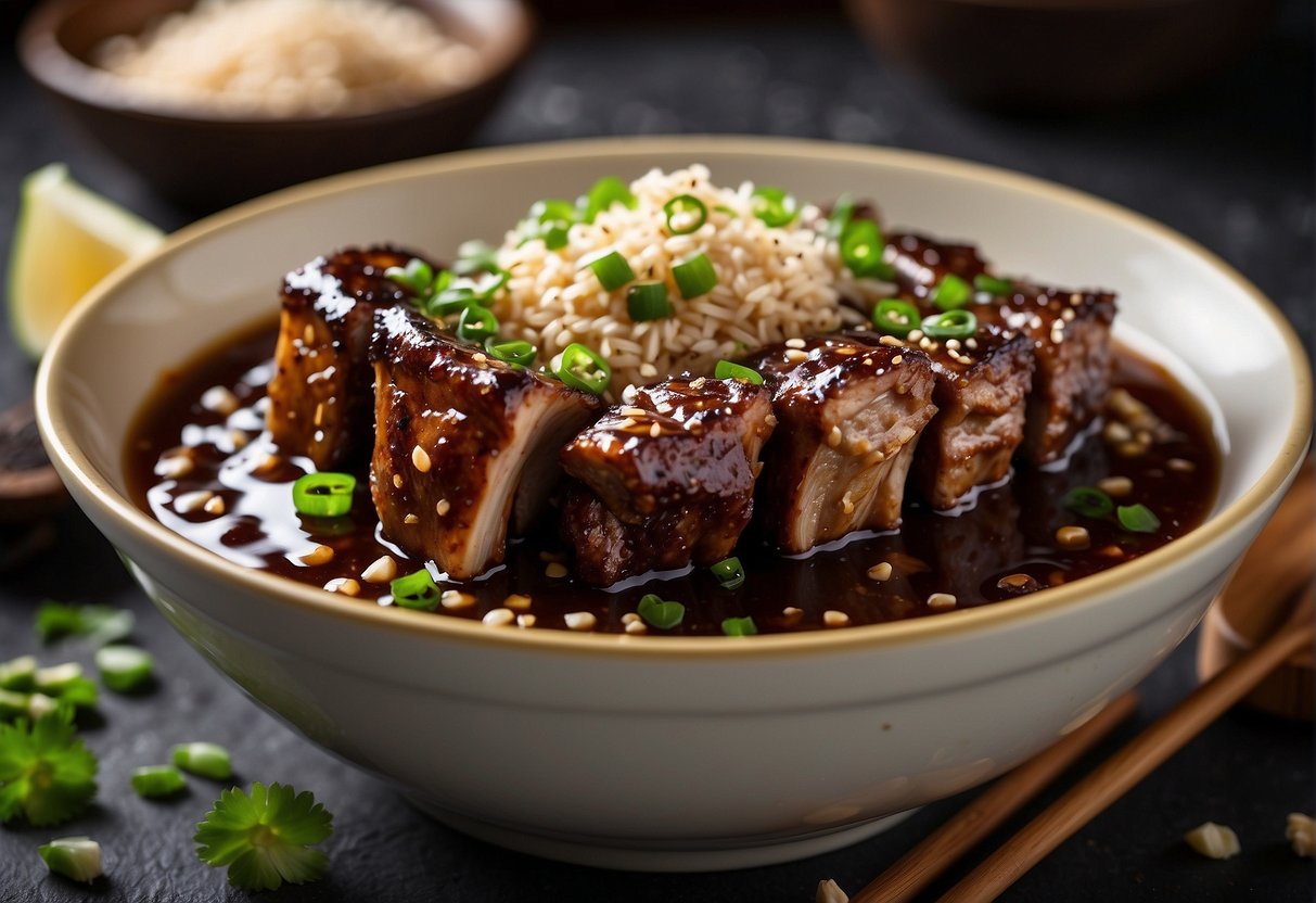 Baby back ribs soaking in a marinade of soy sauce, ginger, garlic, and honey. A bowl of chopped scallions and sesame seeds nearby