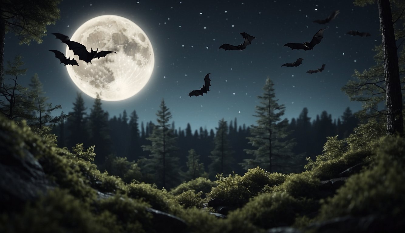 In the moonlit forest, a bat emits high-pitched sound waves, bouncing off objects to create a mental map of its surroundings