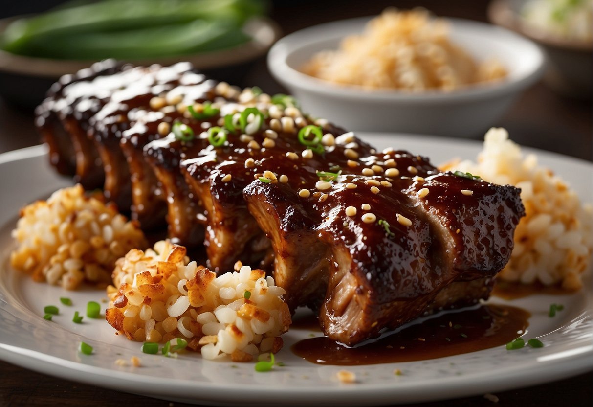 Baby back ribs glazed with sticky Chinese sauce, glistening under a golden grill. Sprinkled with sesame seeds and chopped green onions