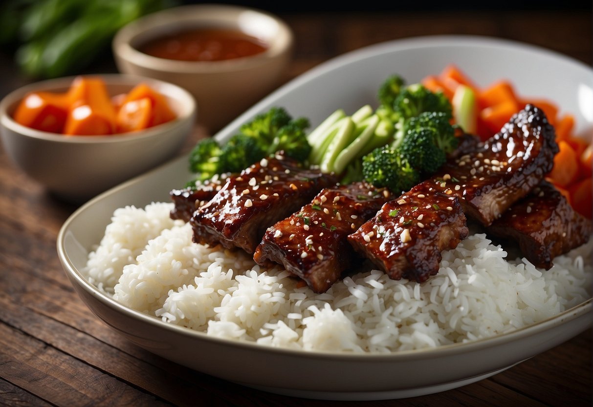 A sizzling platter of baby back ribs coated in savory Chinese sauce, surrounded by steamed vegetables and a side of fragrant jasmine rice