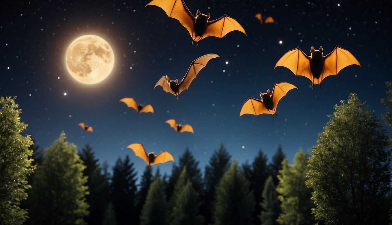 Bats in flight, emitting high-pitched calls.

Ears and mouth open, emitting sound waves. Trees and night sky in background