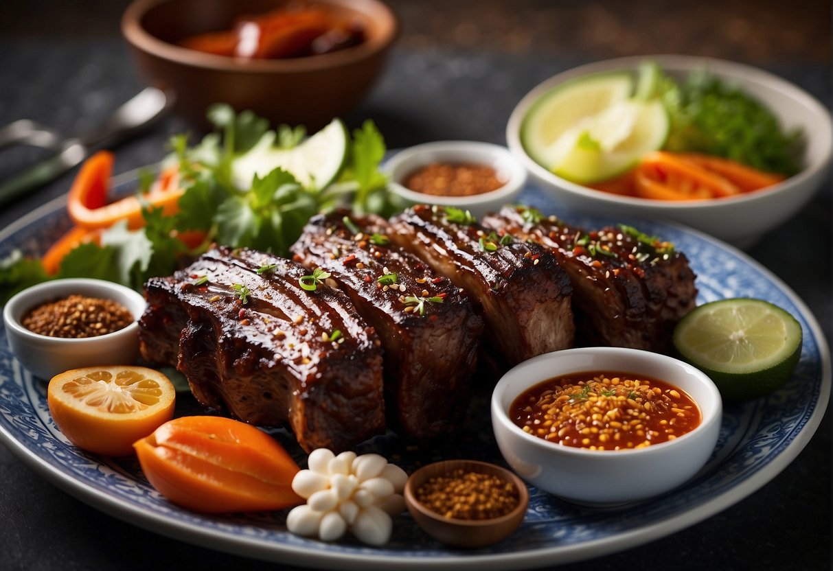 A platter of succulent baby back ribs with Chinese seasoning, surrounded by various ingredients and utensils