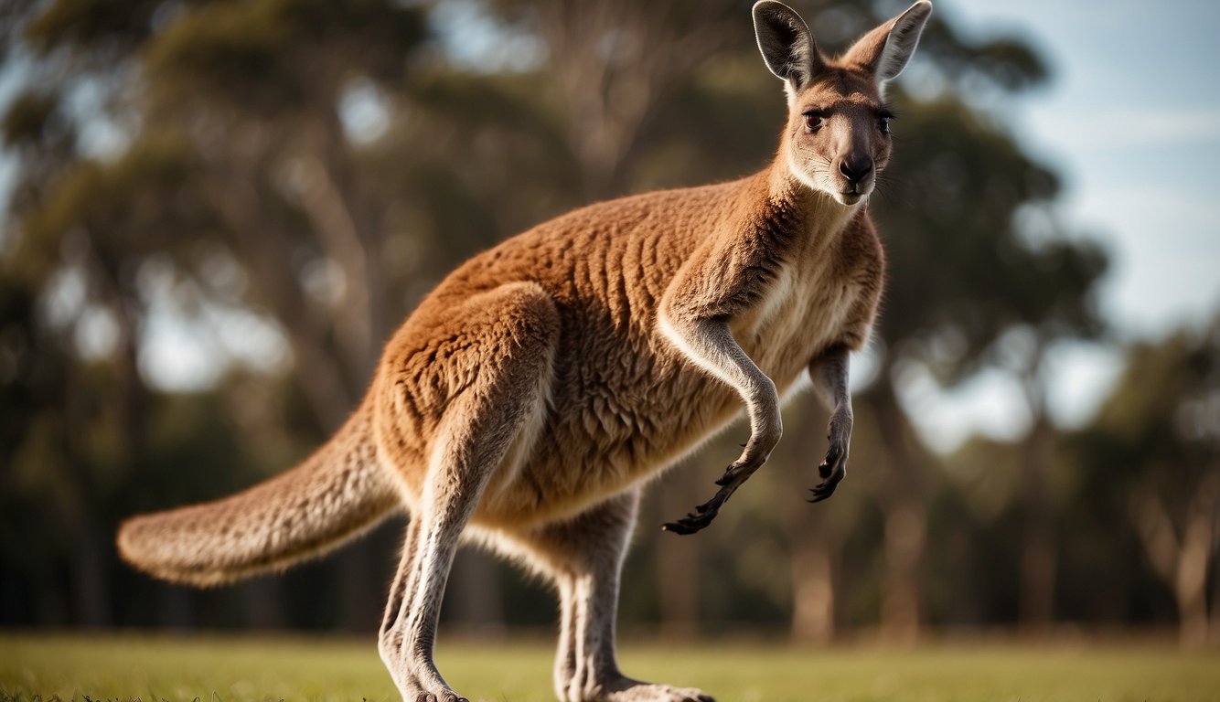 A kangaroo launches itself into the air, its powerful hind legs fully extended, showcasing its impressive jumping ability