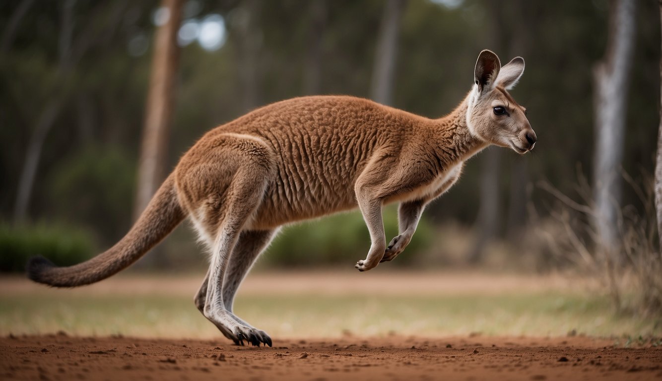 A kangaroo propels itself forward with a powerful kick from its hind legs, launching into the air with incredible height and grace