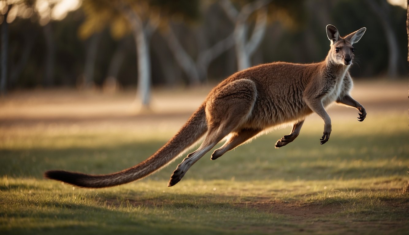 A kangaroo leaps high, legs extended, tail balancing