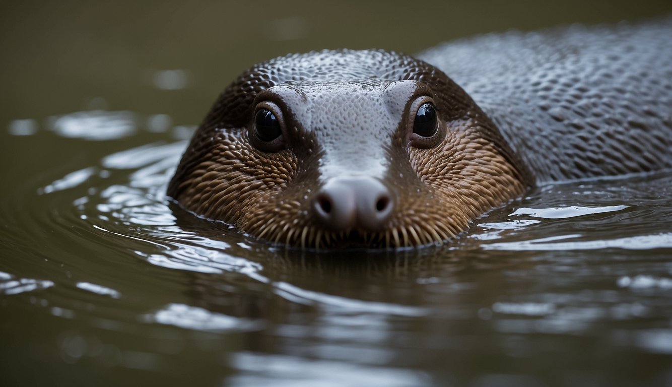 A platypus swims through a murky river, its bill and webbed feet sensing electrical signals from hidden prey.

The creature's sleek body glides effortlessly through the water, its keen senses on high alert