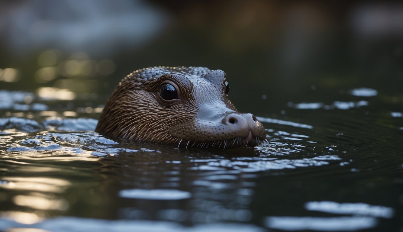 A platypus swims through murky water, its bill and webbed feet sensing for prey.

The electric sense of the platypus aids in its detective work, making it a super sleuth of the natural world
