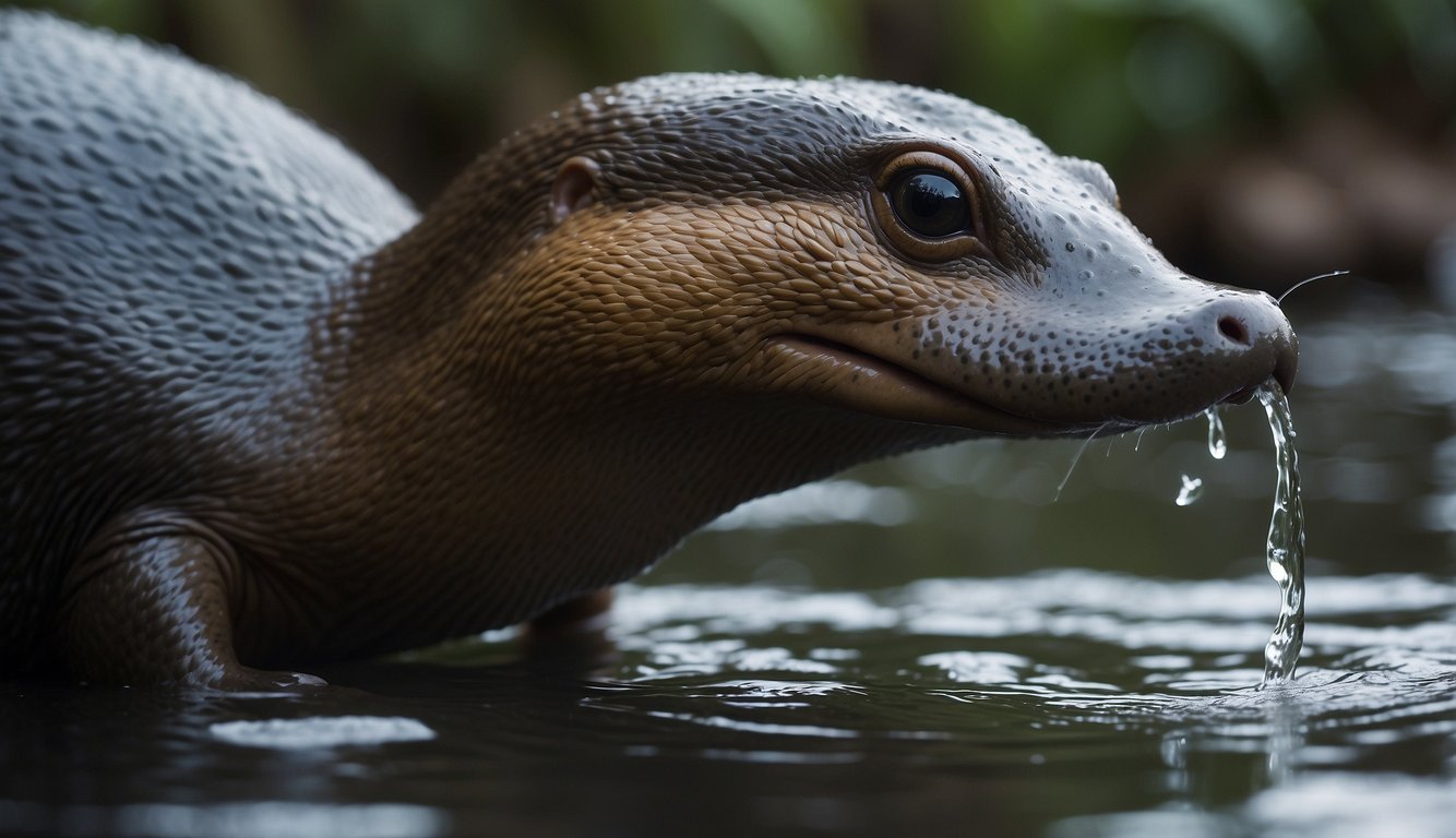 A platypus uses its electric sense to detect prey in a murky river, while its webbed feet propel it through the water