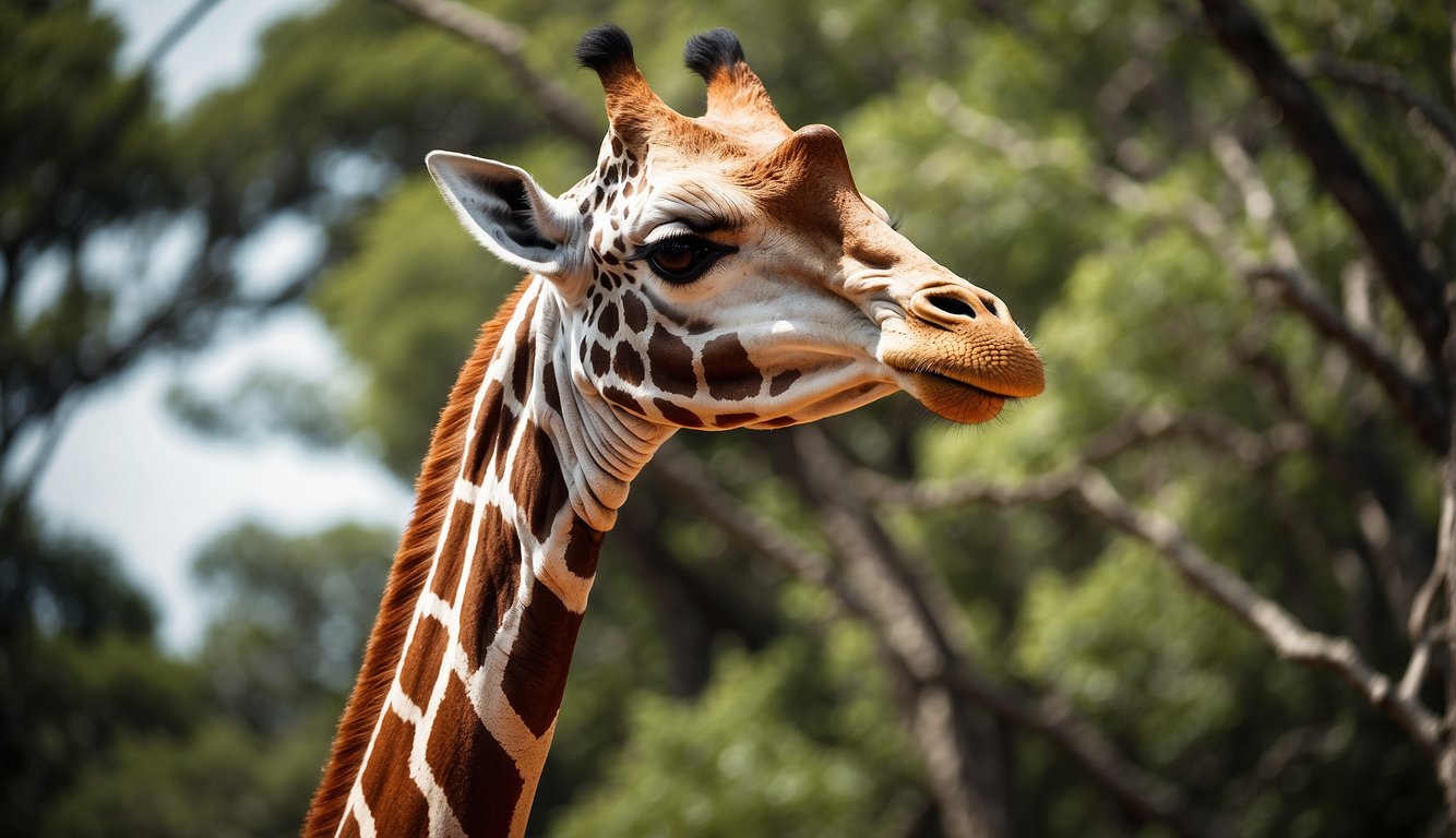 A giraffe's long neck curves gracefully, supported by powerful muscles and vertebrae, allowing it to effortlessly reach for leaves high in the treetops