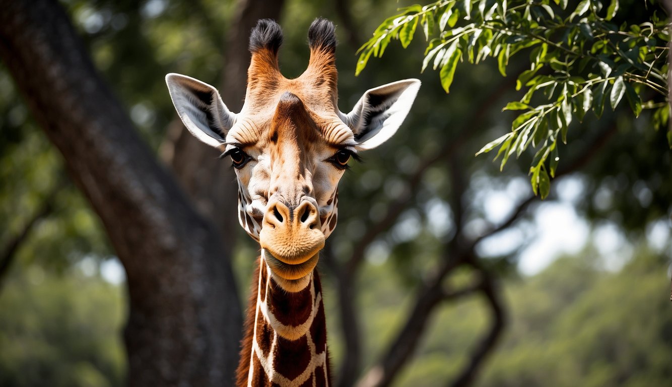 A giraffe stretches its long neck to reach leaves high in a tree, showcasing its unique advantage for foraging in tall vegetation