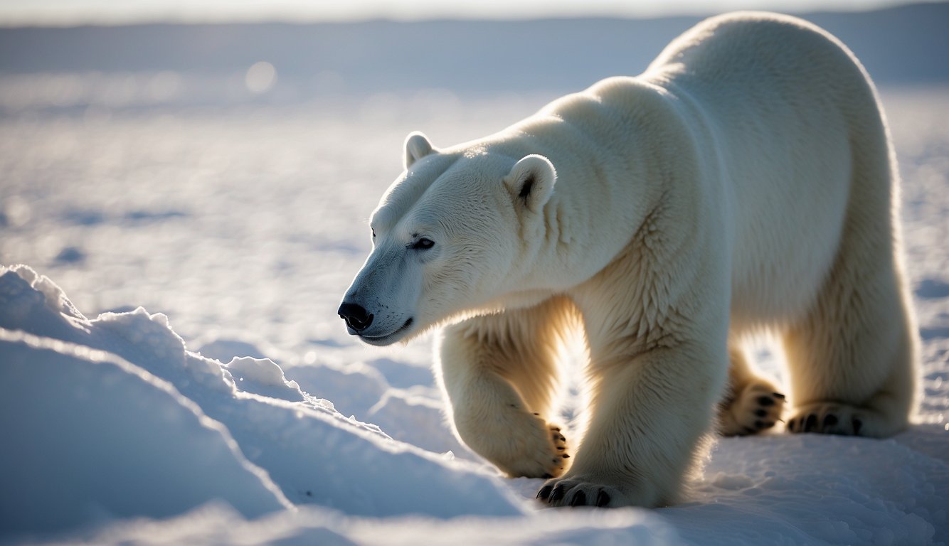 Polar bears roam the icy tundra, their thick, white fur blending seamlessly with the snow.

The sunlight glistens off their coats, making them nearly invisible against the frozen landscape