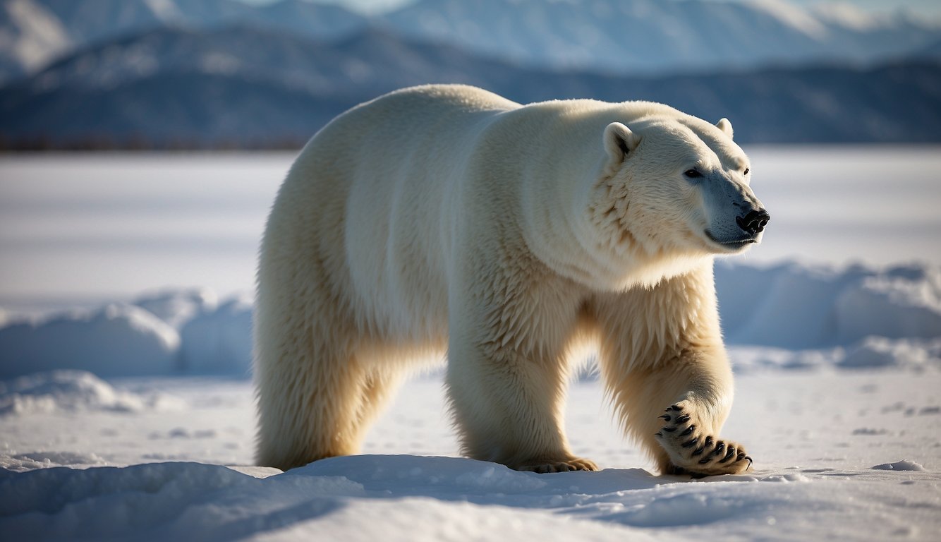A polar bear stands on a snowy tundra, its thick, white fur glistening in the sunlight as it insulates against the biting cold.

Snowflakes gently fall around the bear, highlighting the incredible insulating properties of its fur