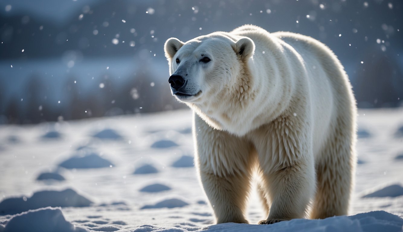 A polar bear stands in a snowy landscape, its thick, white fur blending seamlessly with the icy surroundings.

Snowflakes fall gently around the bear, highlighting its invisible coat