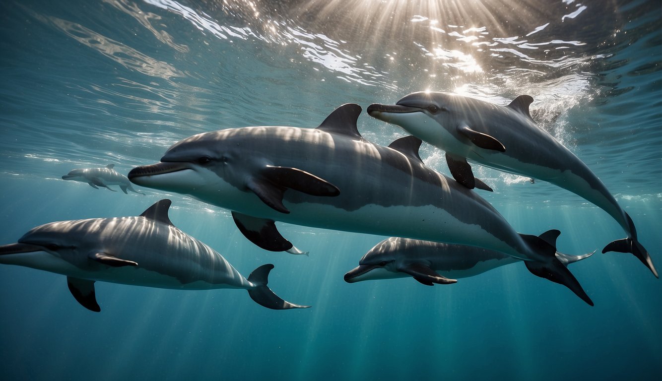 A pod of dolphins leaps gracefully through the crystal-clear waters, their sleek bodies glistening in the sunlight.

Their mouths curve upwards in what appears to be a joyous smile, as they communicate with each other through a series of clicks and whistles