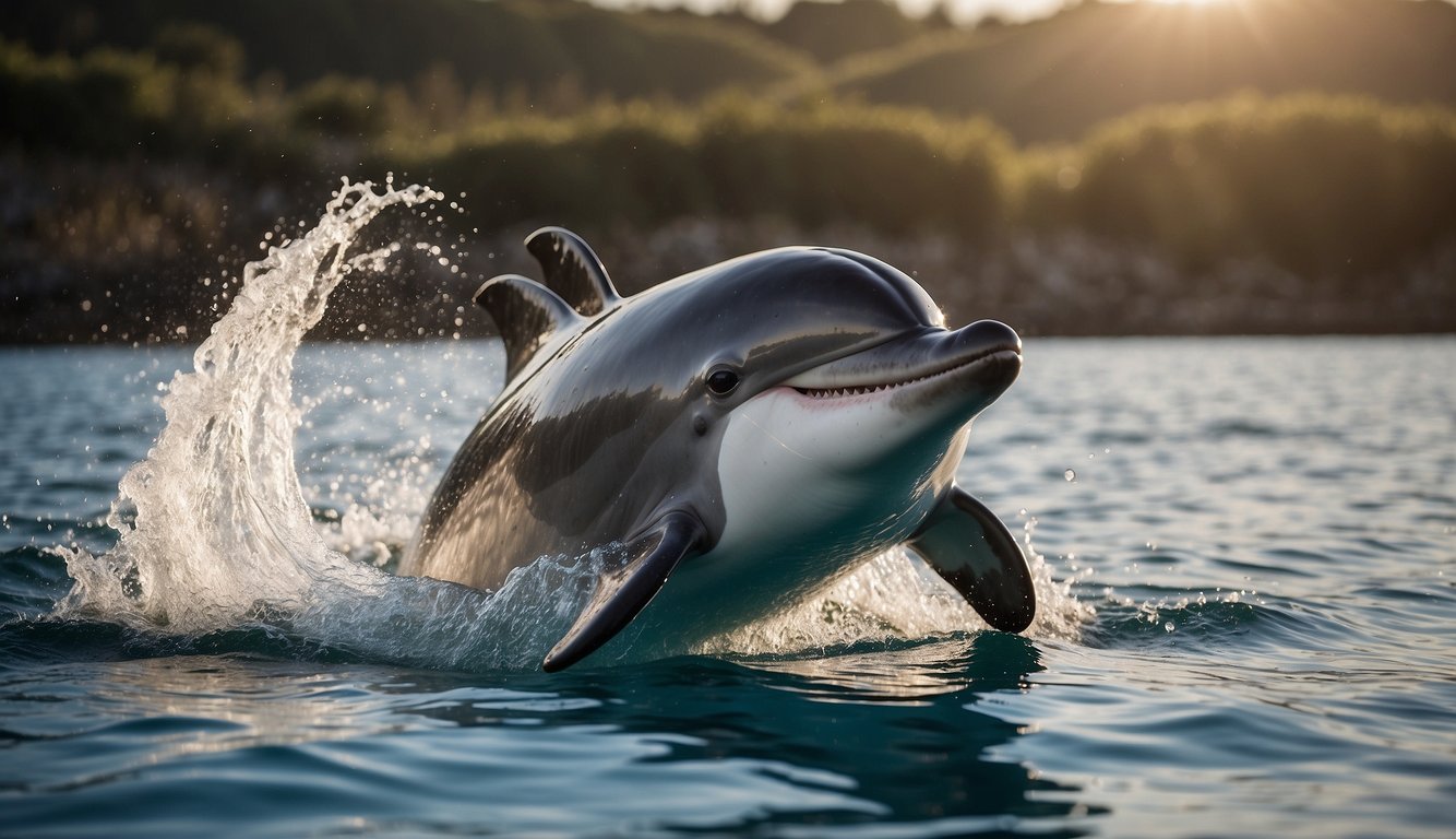 A dolphin leaps gracefully out of the water, its mouth curved into a gentle smile, revealing rows of glistening white teeth.

The sunlight glints off the water droplets as the dolphin communicates with its pod through its enchanting smile