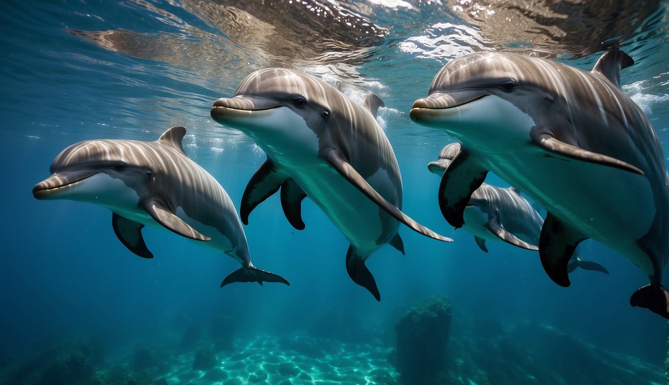 Dolphins swim in a tight-knit pod, communicating through clicks and whistles.

They playfully chase each other, leaping and diving in sync