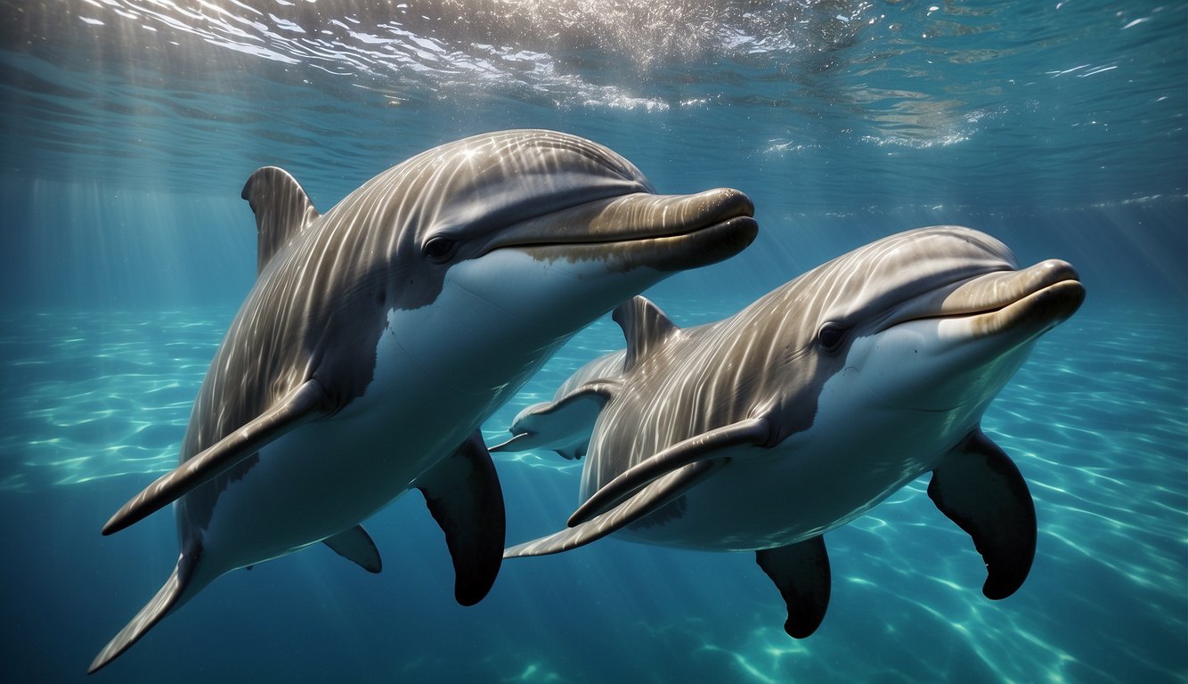Dolphins playfully interact, their sleek bodies twisting and turning in the water.

Their joyful expressions and vocalizations convey a deep sense of connection and understanding