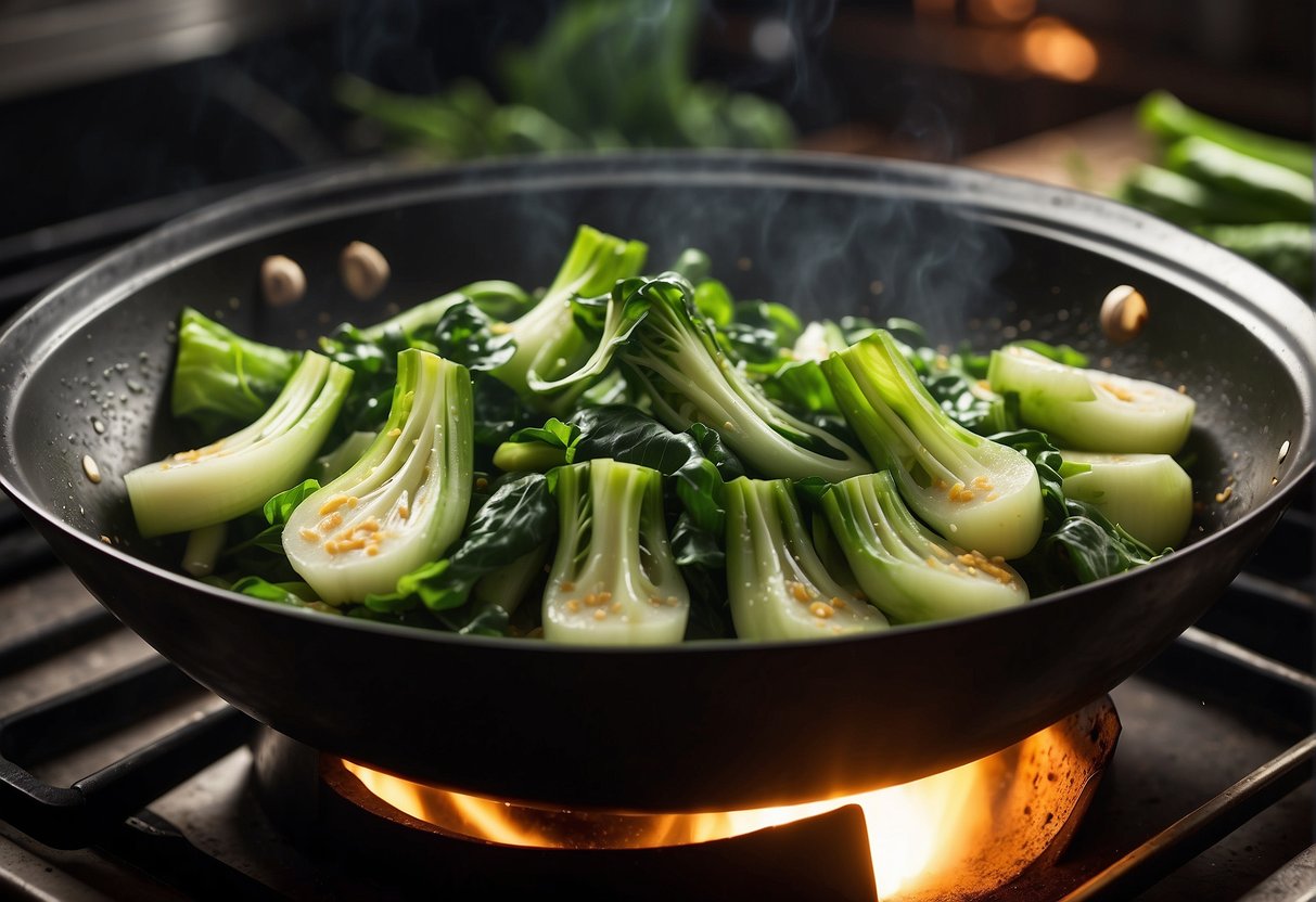 Fresh baby bok choy being stir-fried in a wok with garlic, ginger, and soy sauce, creating a sizzling and aromatic Chinese dish