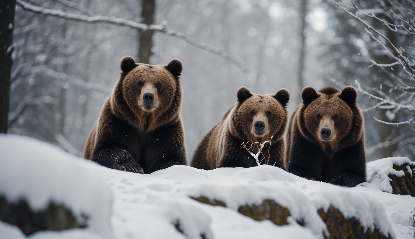 Bears nestled in snow-covered dens, surrounded by peaceful winter landscape.

Snowflakes gently falling, creating a serene and tranquil atmosphere