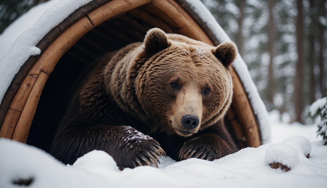 A bear peacefully sleeps in a cozy den, surrounded by snow and winter landscape.

The bear's body is curled up, breathing slowly, with a calm and serene expression on its face
