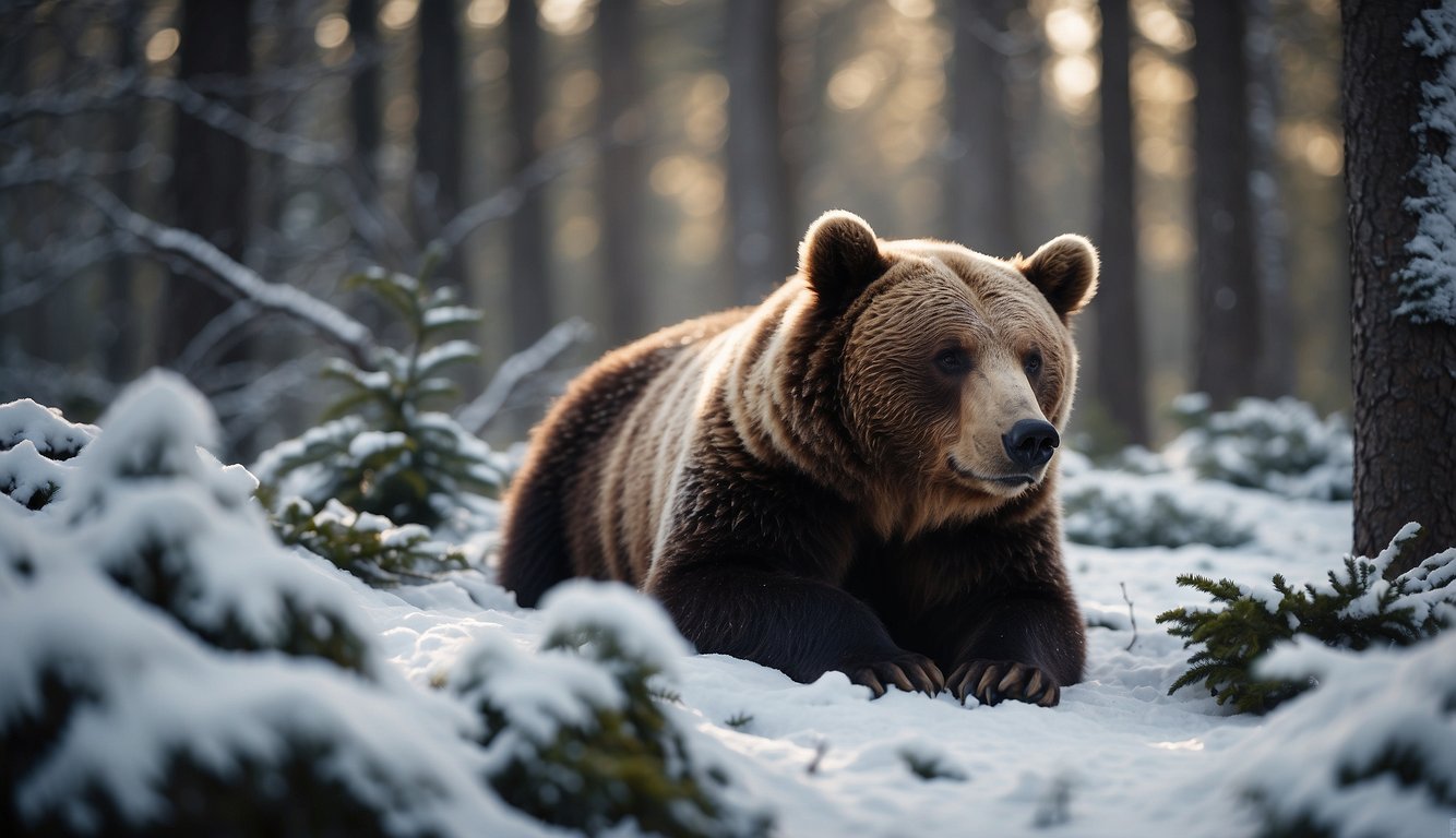 A bear peacefully sleeps in a snowy den, surrounded by frost-covered trees and a serene winter landscape