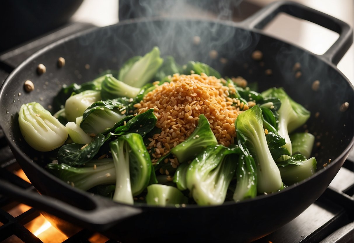 A wok sizzles as baby bok choy is stir-fried with garlic and soy sauce. Ginger and sesame seeds are sprinkled on top