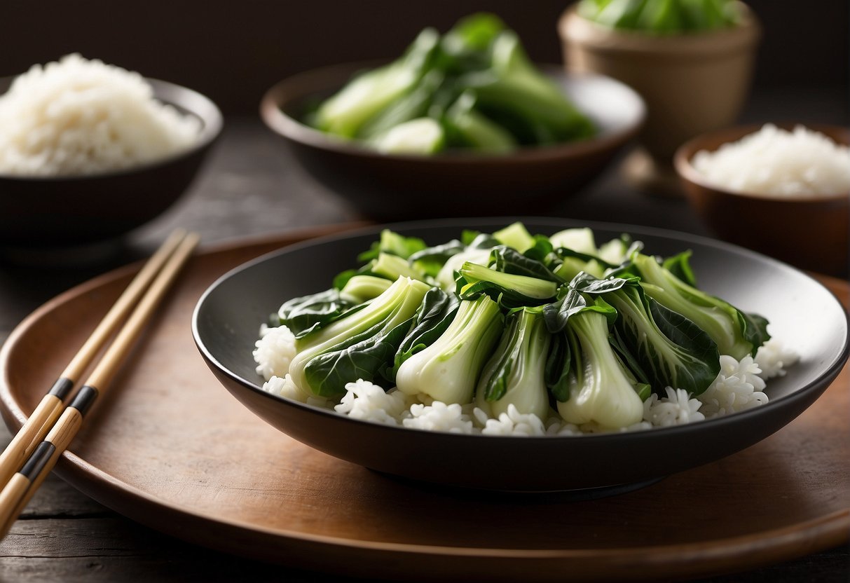 A plate of stir-fried baby bok choy sits next to a bowl of steamed rice. A pair of chopsticks rests on the side, ready for use
