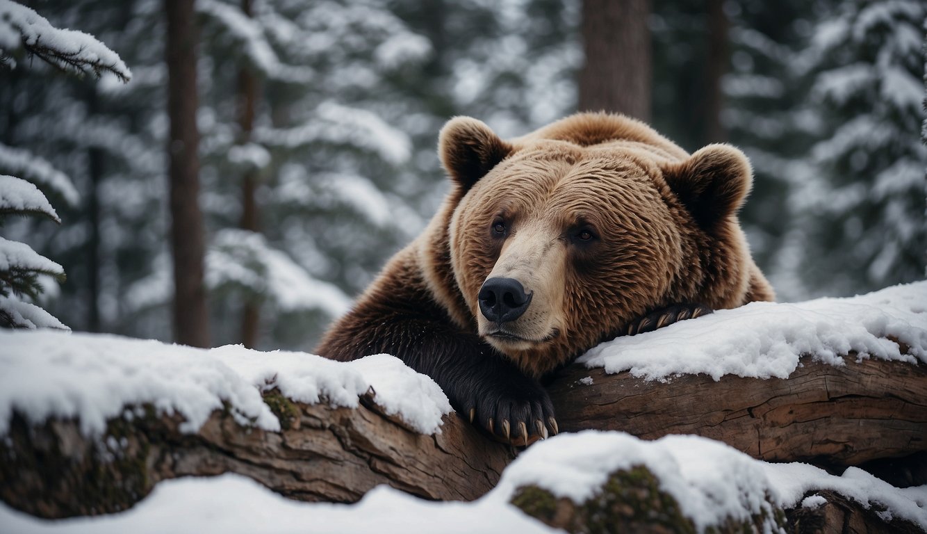A bear peacefully sleeps in a cozy den, surrounded by snow-covered trees and a serene winter landscape