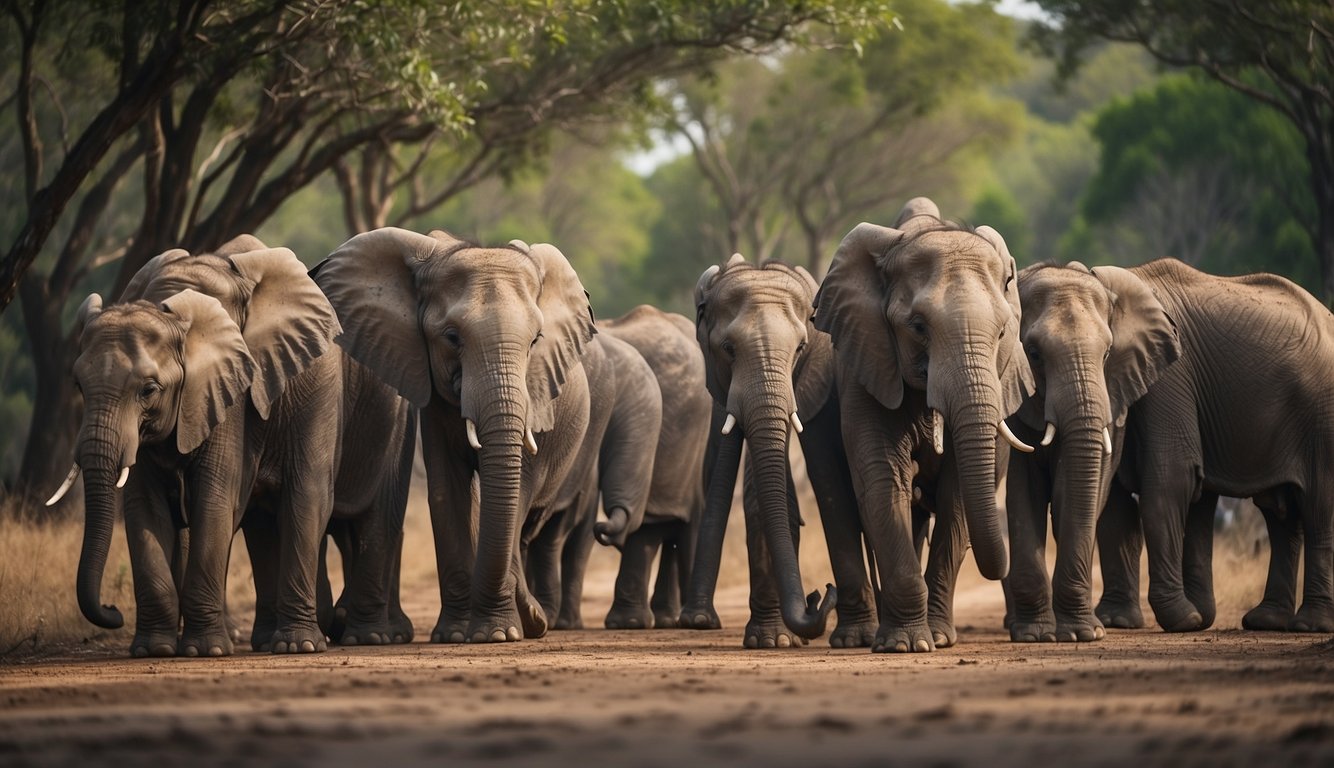 A group of elephants stand tall, their trunks reaching out to touch and explore the world around them.

Each trunk is a powerful and versatile tool, capable of grasping, lifting, and communicating with others