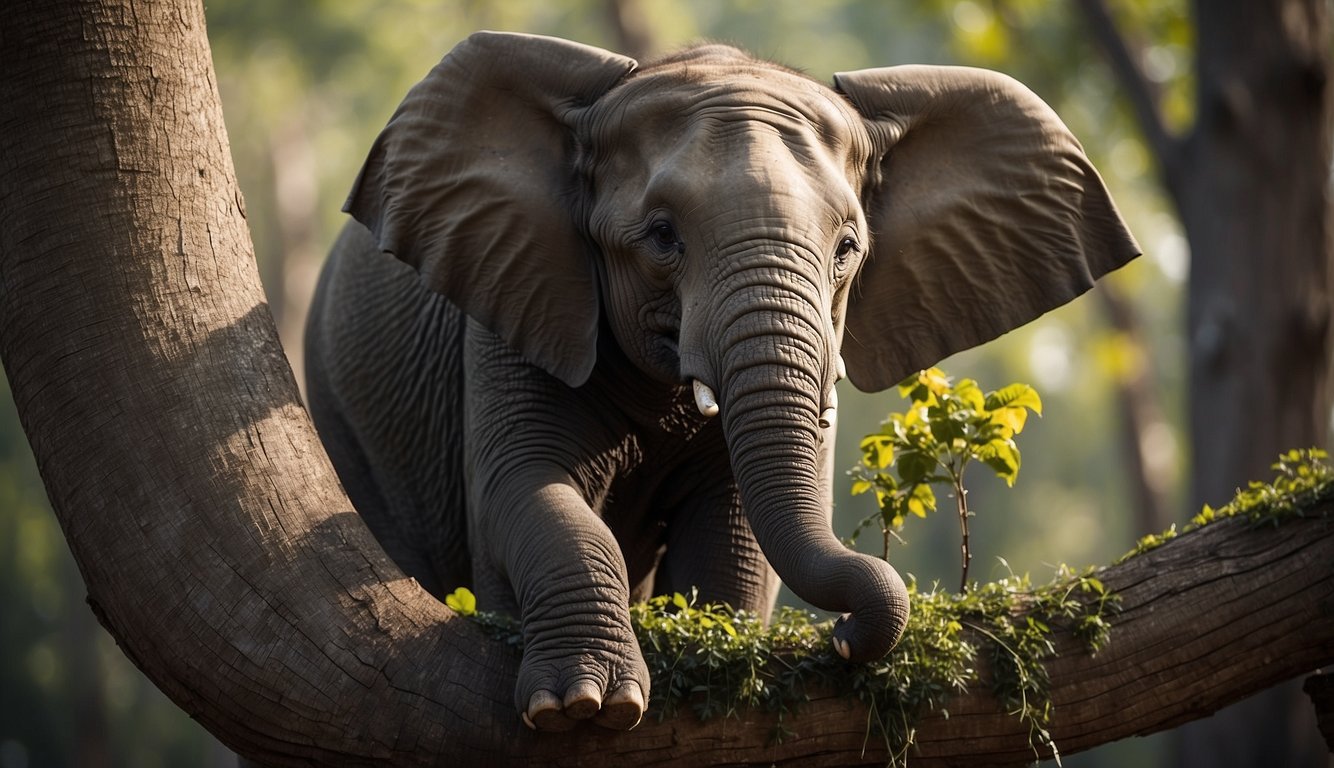 The elephant's trunk curls around a tree branch, showcasing its flexibility and strength.

The textured skin and intricate wrinkles are prominent as it reaches out for food